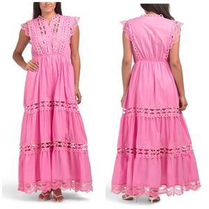 💕🔹️Solitaire 🔹️Elegant Pink Sleeveless Lace Trim Maxi Dress